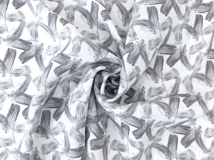 Brushstroke Print 100% Linen Fabric – Grey on White, Dobby Texture, Light Weight 7641