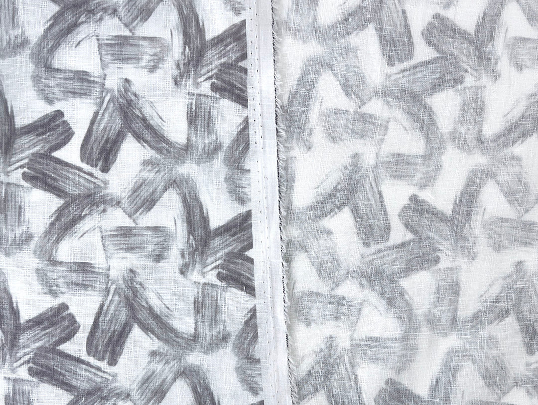 Brushstroke Print 100% Linen Fabric – Grey on White, Dobby Texture, Light Weight 7641