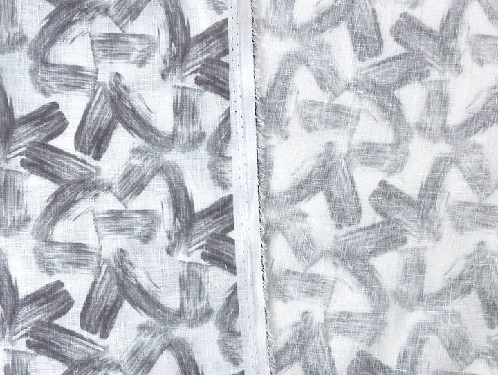 Brushstroke Print 100% Linen Fabric – Grey on White, Dobby Texture, Light Weight 7641