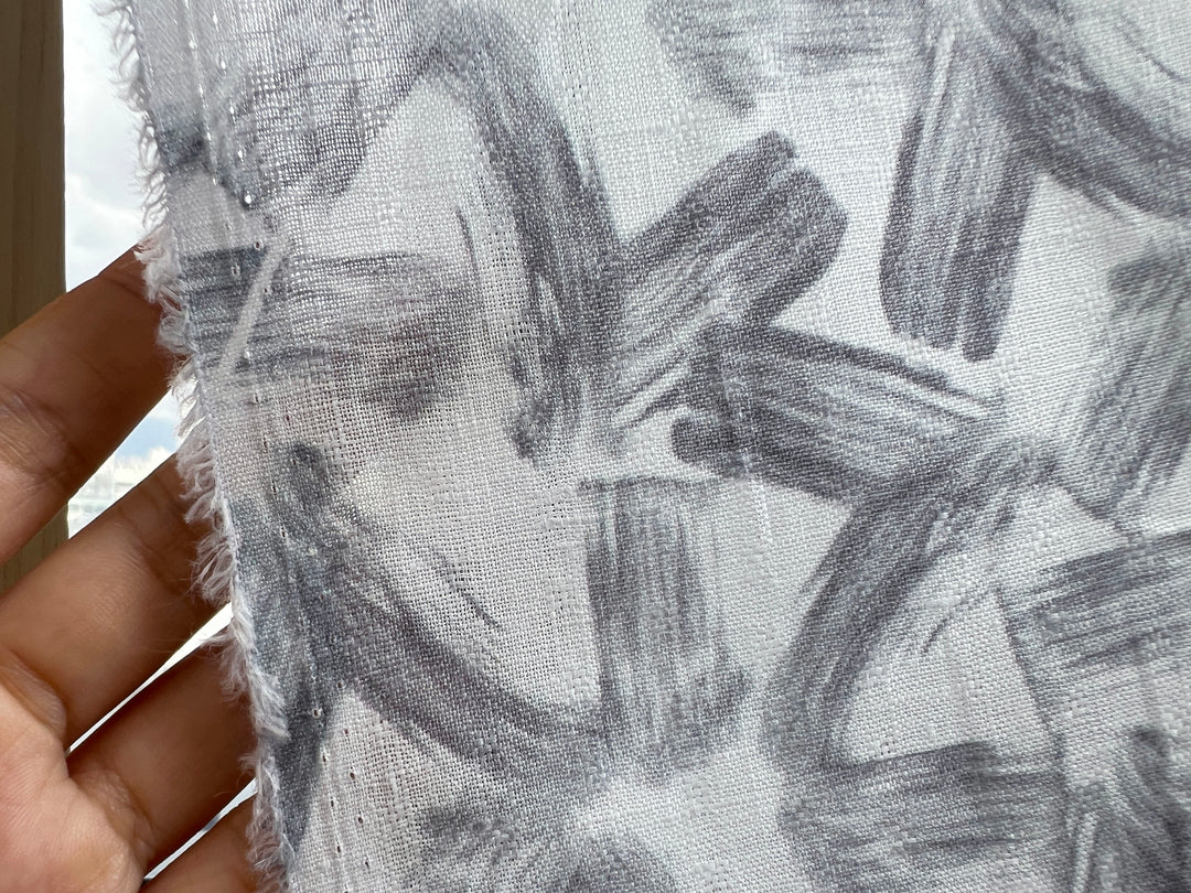 Brushstroke Print 100% Linen Fabric – Grey on White, Dobby Texture, Light Weight 7641