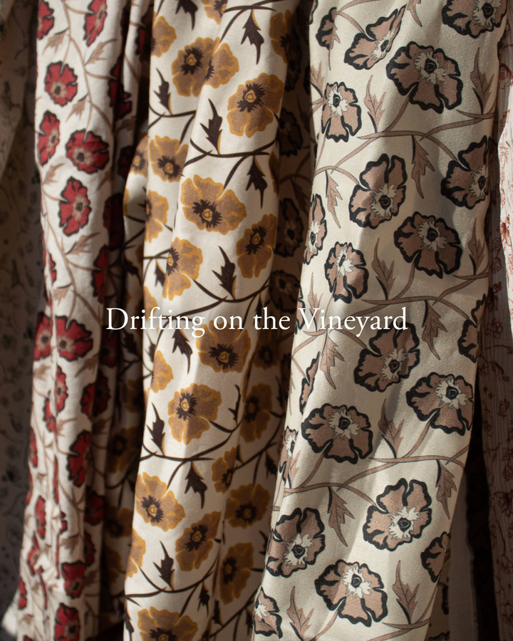 Drifting on the Vineyard – Ramie Cotton Satin Weave Fabric, Design by Madeline, Madswick Studio, 8229 8230 8231