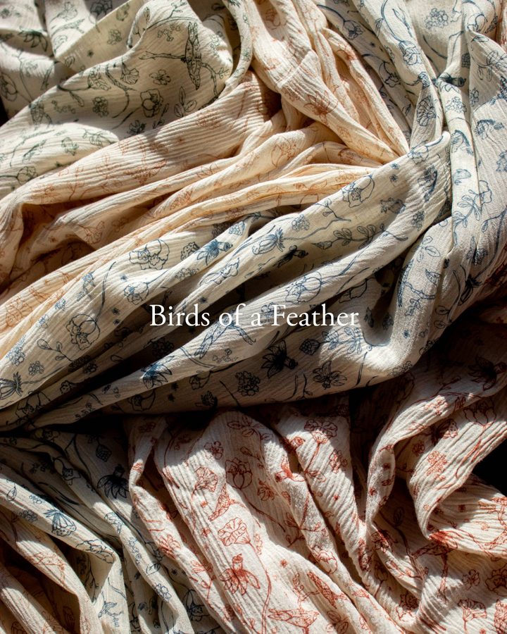 Birds of a Feather, Linen Rayon Print Fabric, Design by Madeline, Madswick Studio, 8222 8223 8224 8225