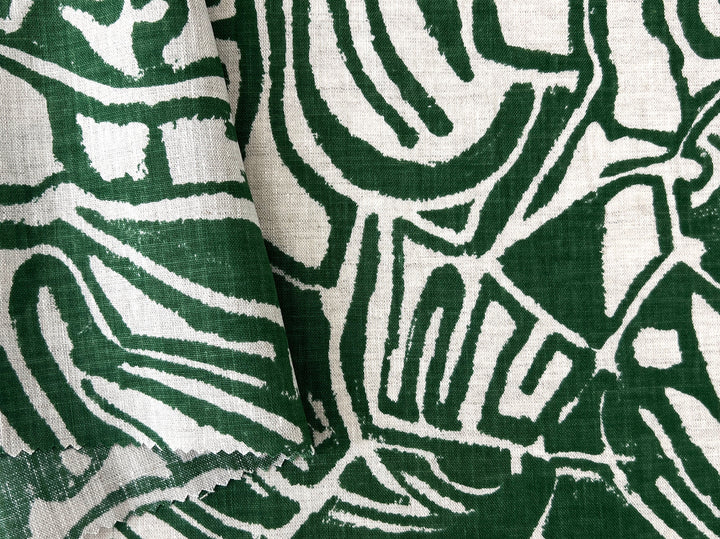 100% Linen Fabric – Green Abstract Print, Light to Medium Weight, Pre-Washed 4036