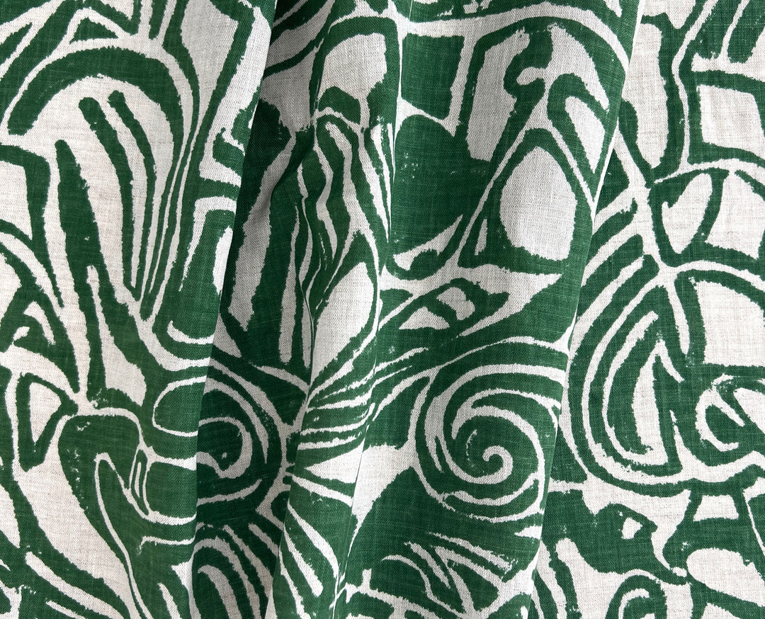 100% Linen Fabric – Green Abstract Print, Light to Medium Weight, Pre-Washed 4036