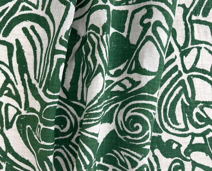 100% Linen Fabric – Green Abstract Print, Light to Medium Weight, Pre-Washed 4036