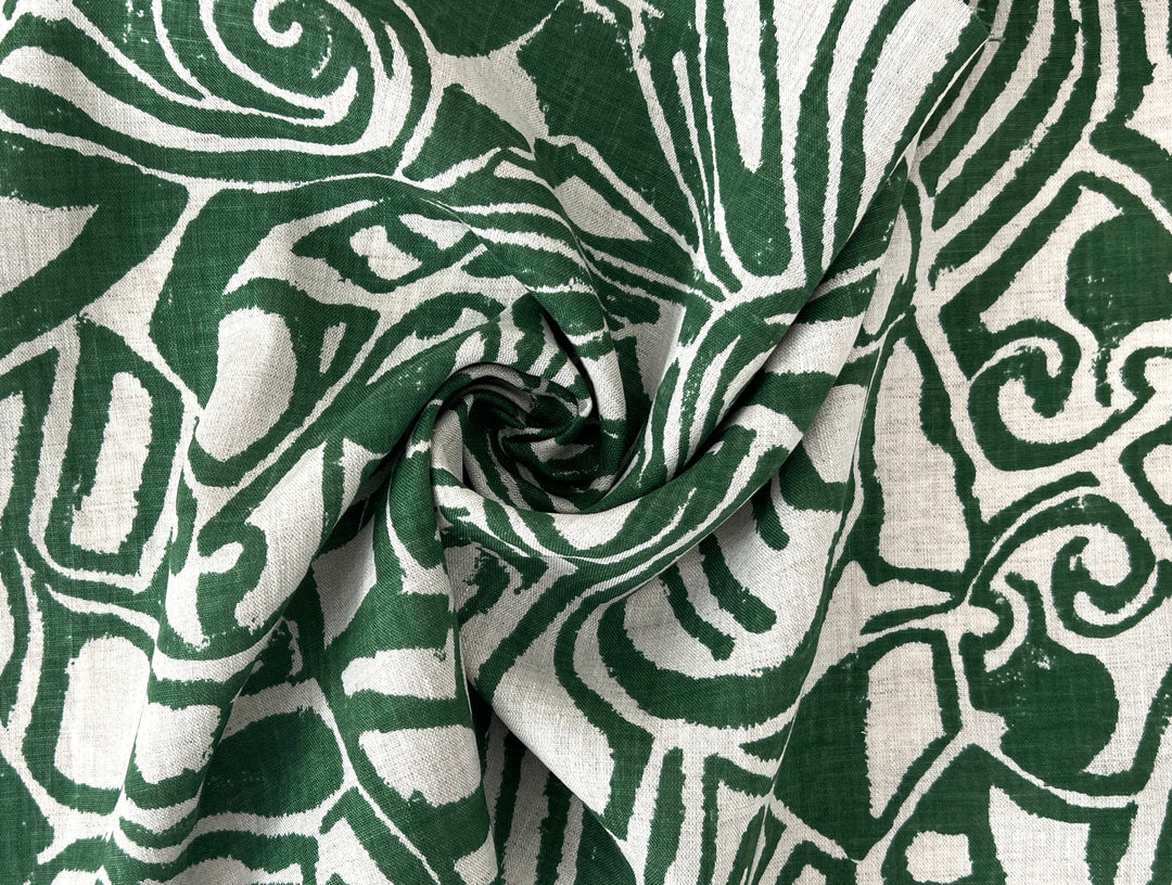 100% Linen Fabric – Green Abstract Print, Light to Medium Weight, Pre-Washed 4036