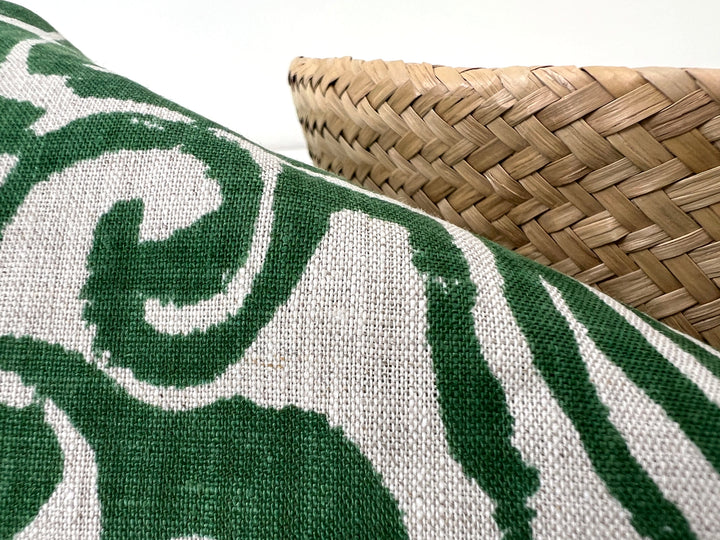 100% Linen Fabric – Green Abstract Print, Light to Medium Weight, Pre-Washed 4036