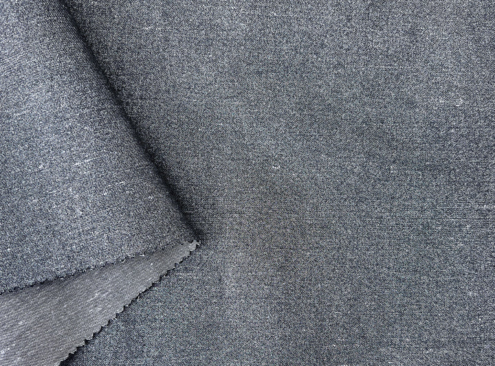Ramie Cotton Fabric – Navy Denim Style with Silver Foil Print, Medium Weight 2052