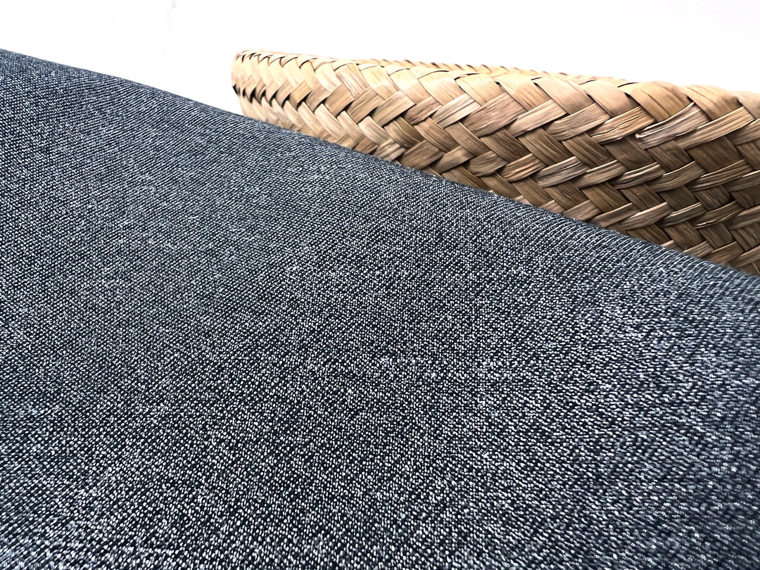Ramie Cotton Fabric – Navy Denim Style with Silver Foil Print, Medium Weight 2052