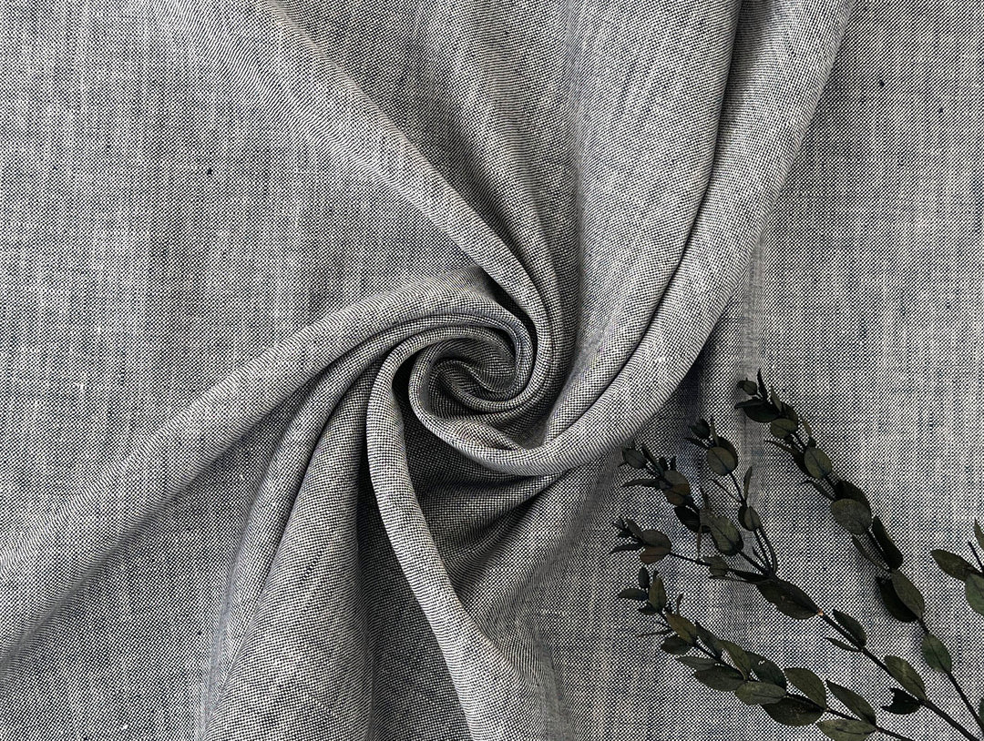 100% Linen Fabric – Grey Chambray Effect, Basket Weave, Pre-Washed 8214