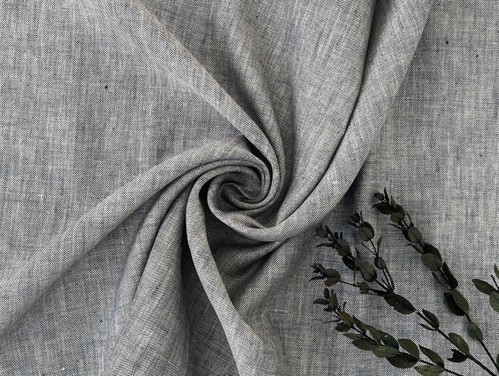 100% Linen Fabric – Grey Chambray Effect, Basket Weave, Pre-Washed 8214