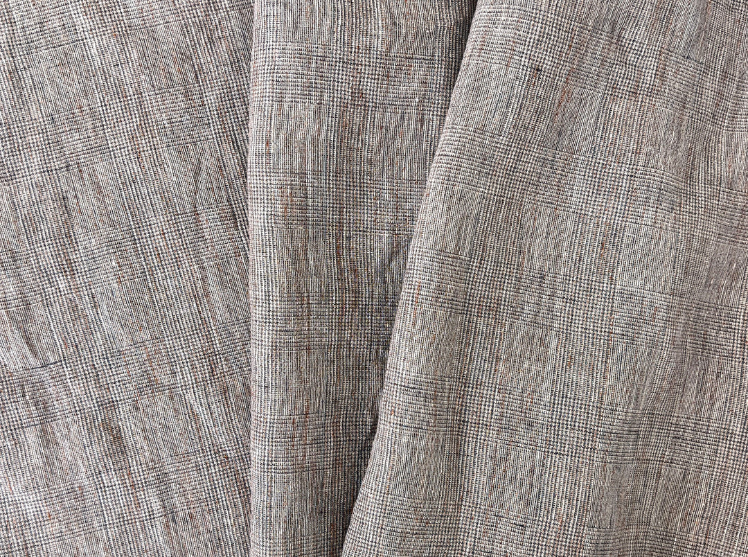 100% Linen Fabric – Brown Melange Glen Plaid, Light to Medium Weight 6447 6448