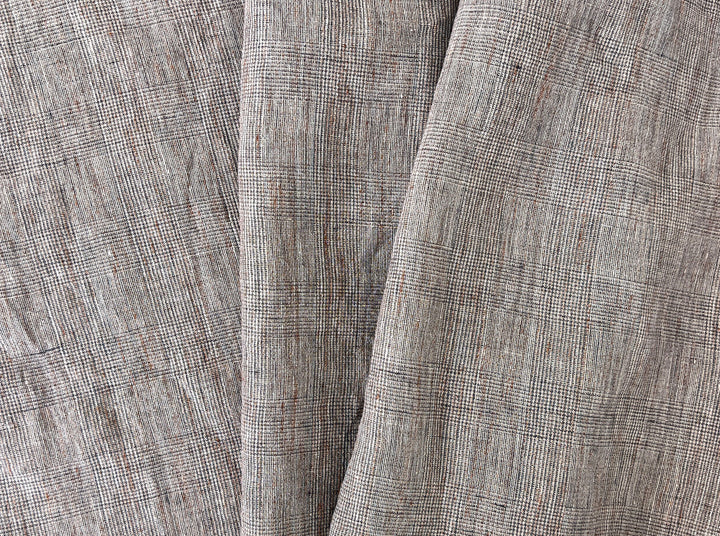 100% Linen Fabric – Brown Melange Glen Plaid, Light to Medium Weight 6447 6448