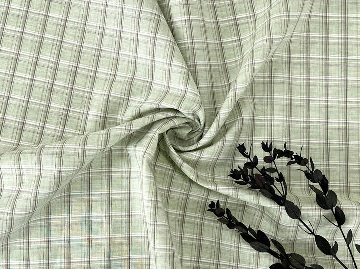 Green Plaid Linen Cotton Fabric – Pre-Washed, Light-Medium Weight 8268