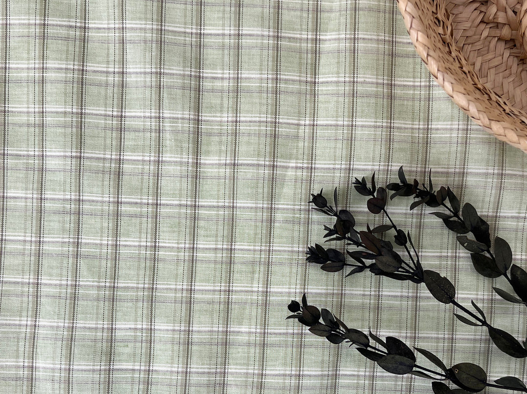 Green Plaid Linen Cotton Fabric – Pre-Washed, Light-Medium Weight 8268