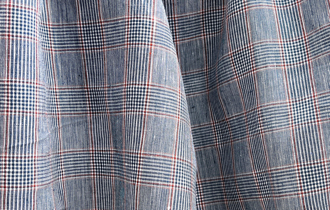 Linen Rayon Glen Plaid Fabric – Navy & White with Red Overcheck | Light-Medium Weight, Pre-Washed 3929