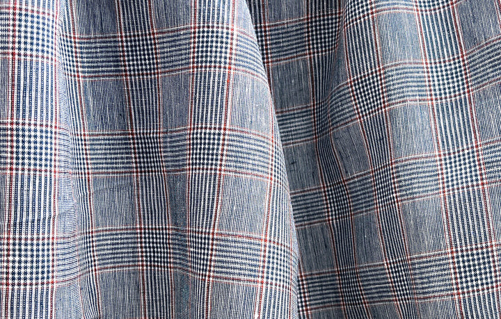 Linen Rayon Glen Plaid Fabric – Navy & White with Red Overcheck | Light-Medium Weight, Pre-Washed 3929