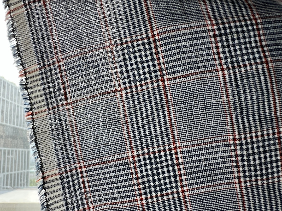 Linen Rayon Glen Plaid Fabric – Navy & White with Red Overcheck | Light-Medium Weight, Pre-Washed 3929