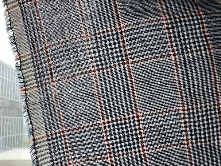 Linen Rayon Glen Plaid Fabric – Navy & White with Red Overcheck | Light-Medium Weight, Pre-Washed 3929