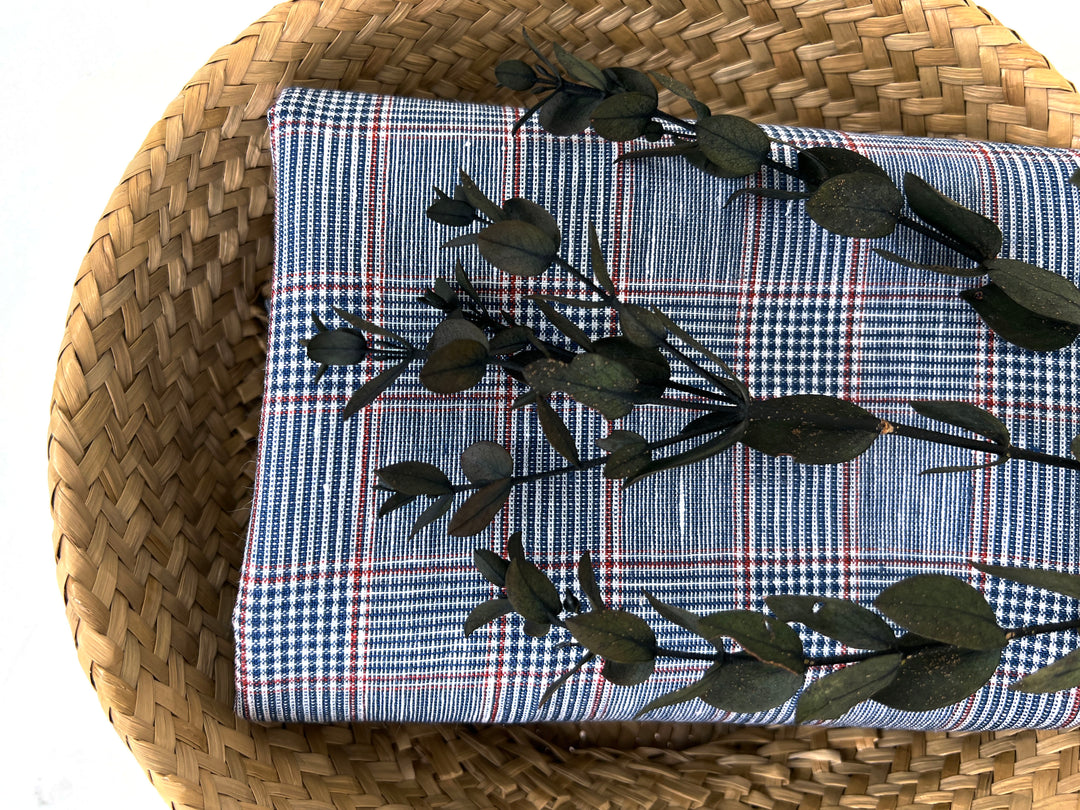 Linen Rayon Glen Plaid Fabric – Navy & White with Red Overcheck | Light-Medium Weight, Pre-Washed 3929