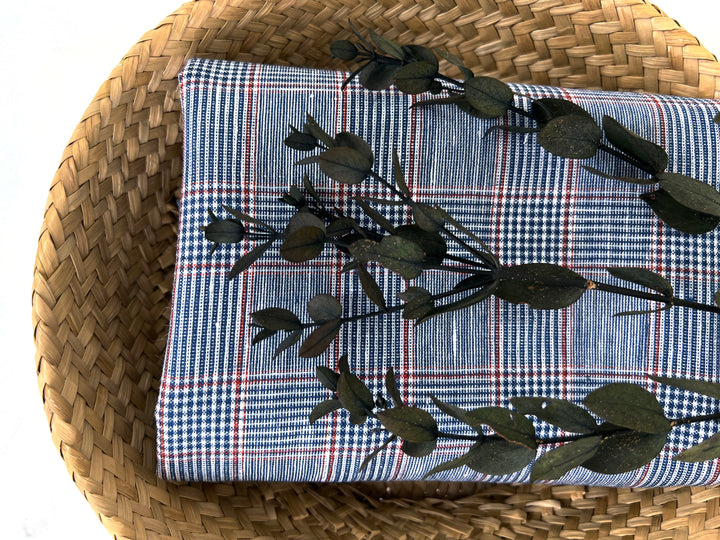 Linen Rayon Glen Plaid Fabric – Navy & White with Red Overcheck | Light-Medium Weight, Pre-Washed 3929