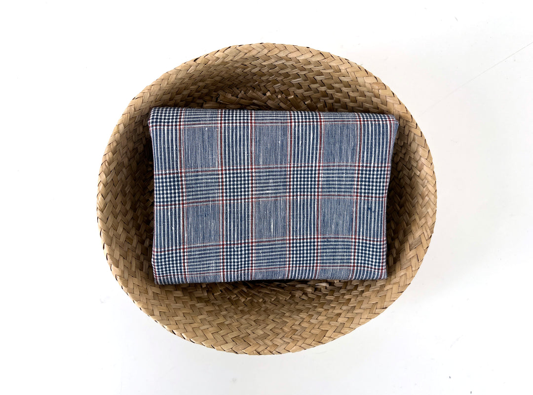 Linen Rayon Glen Plaid Fabric – Navy & White with Red Overcheck | Light-Medium Weight, Pre-Washed 3929