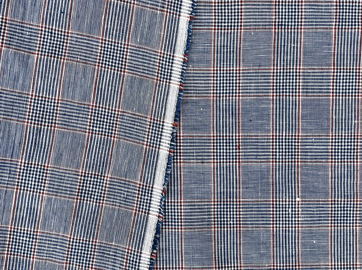 Linen Rayon Glen Plaid Fabric – Navy & White with Red Overcheck | Light-Medium Weight, Pre-Washed 3929