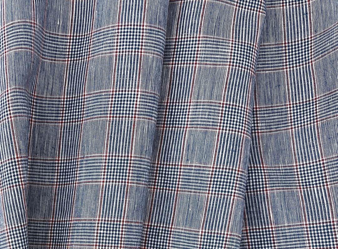 Linen Rayon Glen Plaid Fabric – Navy & White with Red Overcheck | Light-Medium Weight, Pre-Washed 3929