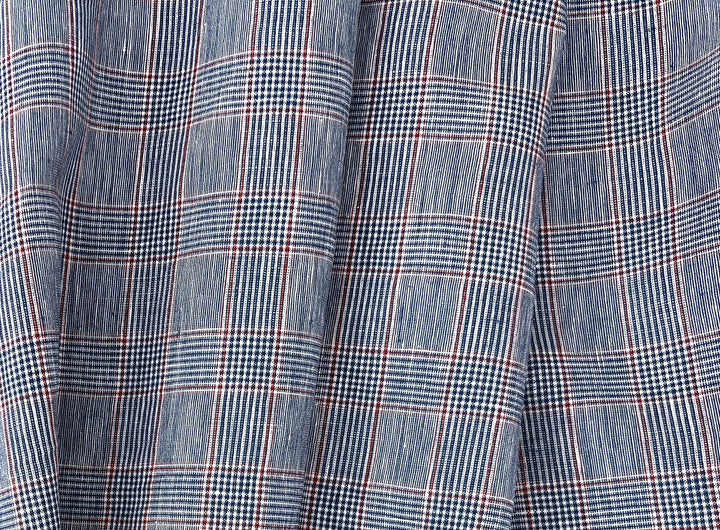 Linen Rayon Glen Plaid Fabric – Navy & White with Red Overcheck | Light-Medium Weight, Pre-Washed 3929