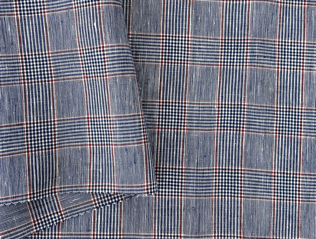 Linen Rayon Glen Plaid Fabric – Navy & White with Red Overcheck | Light-Medium Weight, Pre-Washed 3929