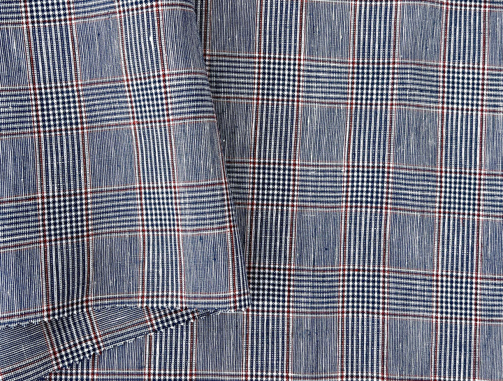 Linen Rayon Glen Plaid Fabric – Navy & White with Red Overcheck | Light-Medium Weight, Pre-Washed 3929