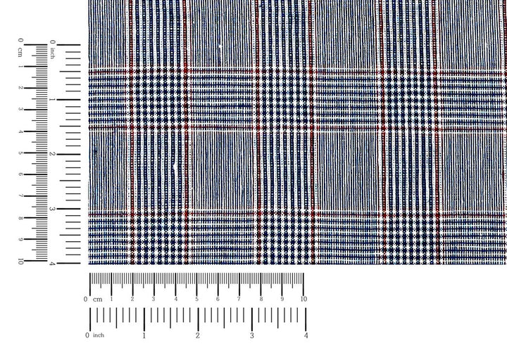 Linen Rayon Glen Plaid Fabric – Navy & White with Red Overcheck | Light-Medium Weight, Pre-Washed 3929