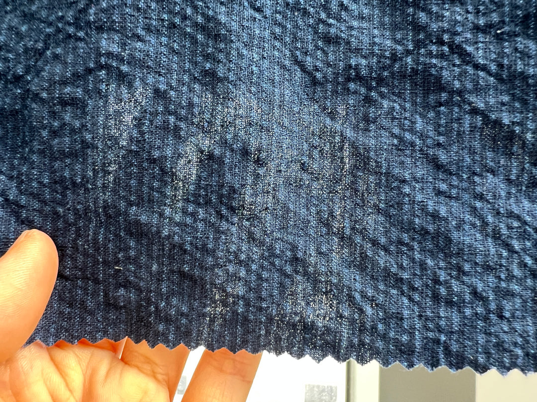 Navy Linen Cotton Spandex Fabric – Subtle Stripe with Seersucker & Warp Stretch 8215