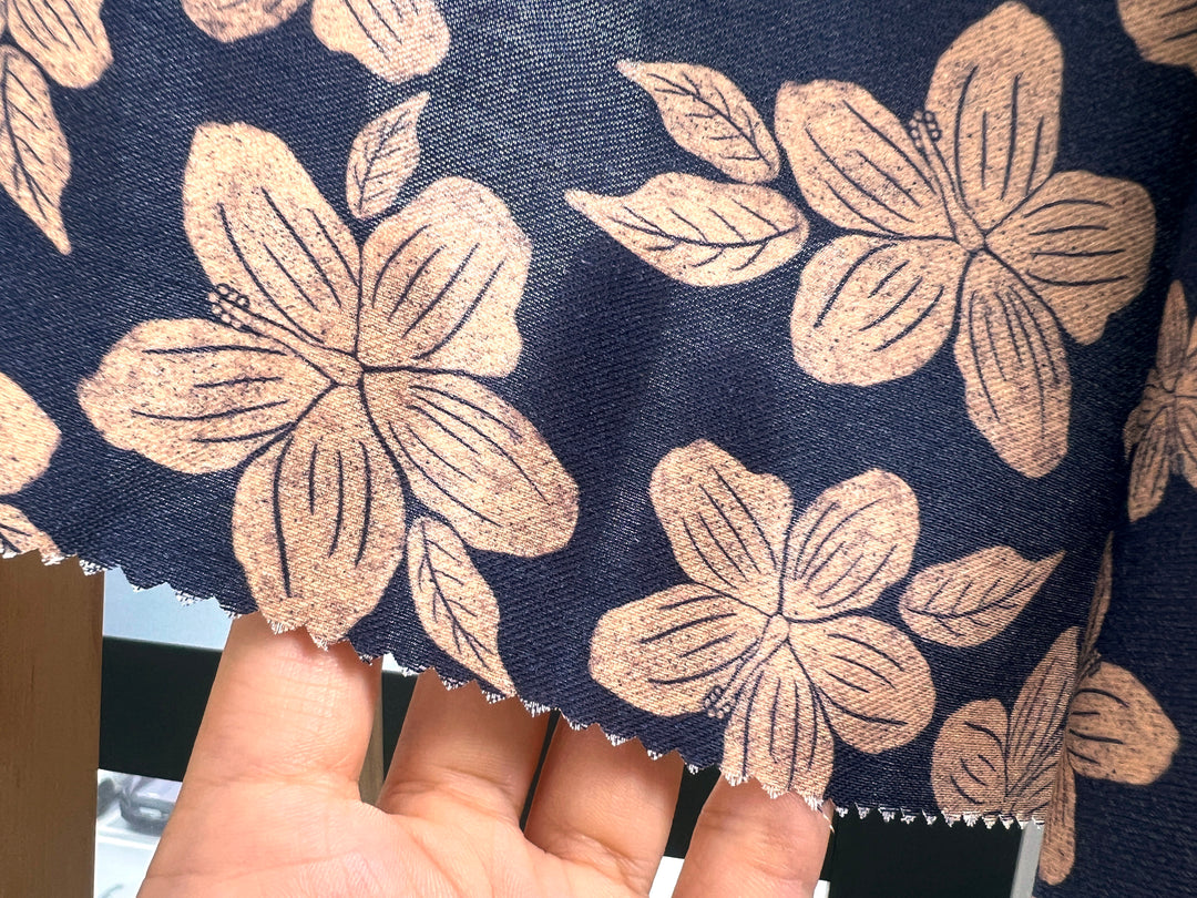 Hawaiian-Inspired Floral Print Fabric – Navy & Beige | Ramie Cotton Satin Weave, Pre-Washed