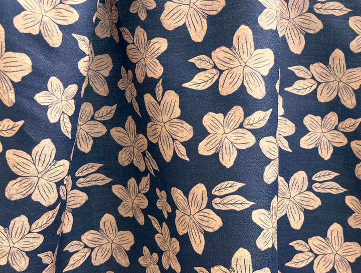 Hawaiian-Inspired Floral Print Fabric – Navy & Beige | Ramie Cotton Satin Weave, Pre-Washed