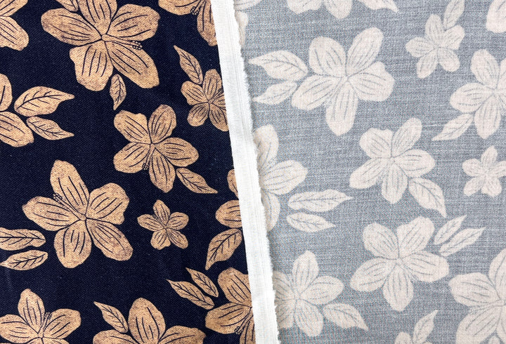 Hawaiian-Inspired Floral Print Fabric – Navy & Beige | Ramie Cotton Satin Weave, Pre-Washed