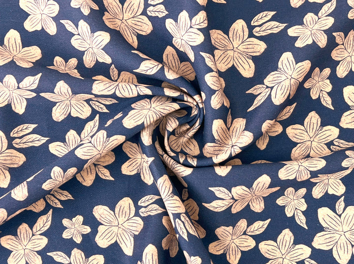 Hawaiian-Inspired Floral Print Fabric – Navy & Beige | Ramie Cotton Satin Weave, Pre-Washed