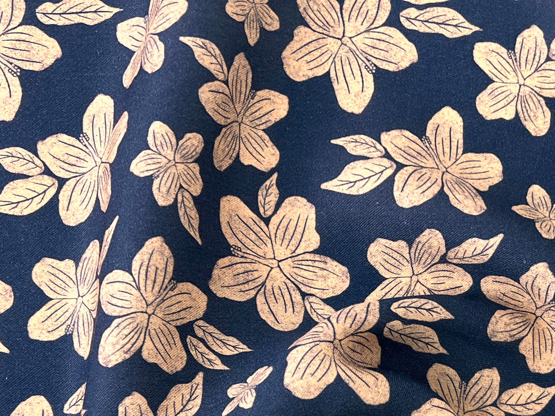 Hawaiian-Inspired Floral Print Fabric – Navy & Beige | Ramie Cotton Satin Weave, Pre-Washed