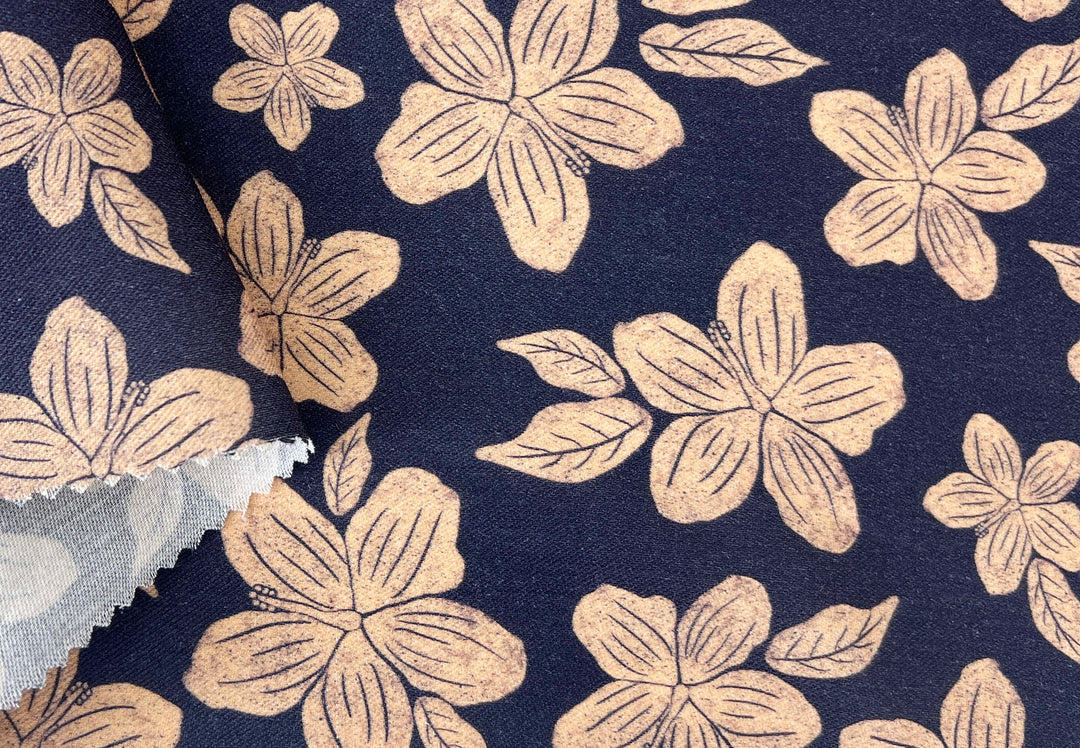 Hawaiian-Inspired Floral Print Fabric – Navy & Beige | Ramie Cotton Satin Weave, Pre-Washed