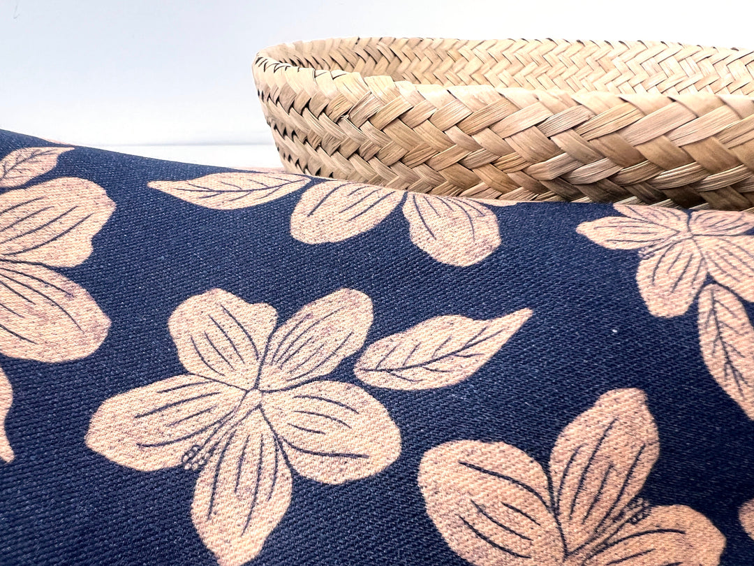 Hawaiian-Inspired Floral Print Fabric – Navy & Beige | Ramie Cotton Satin Weave, Pre-Washed