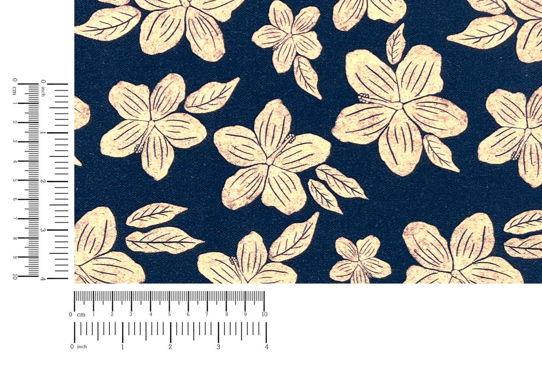 Hawaiian-Inspired Floral Print Fabric – Navy & Beige | Ramie Cotton Satin Weave, Pre-Washed