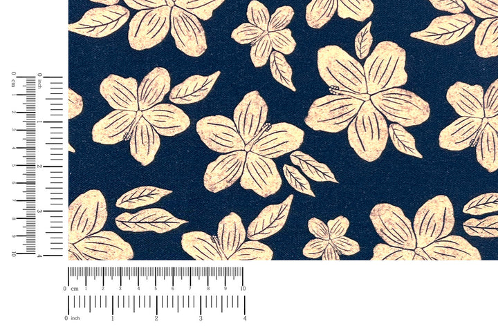 Hawaiian-Inspired Floral Print Fabric – Navy & Beige | Ramie Cotton Satin Weave, Pre-Washed