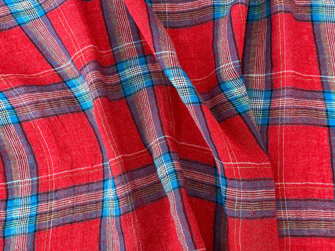 Classic Tartan Check Linen Blend Fabric – Red & Teal Options 7991 7992