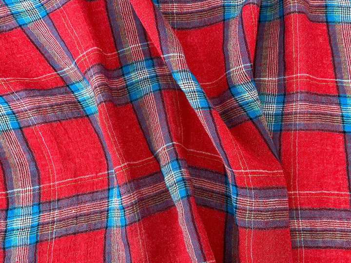 Classic Tartan Check Linen Blend Fabric – Red & Teal Options 7991 7992