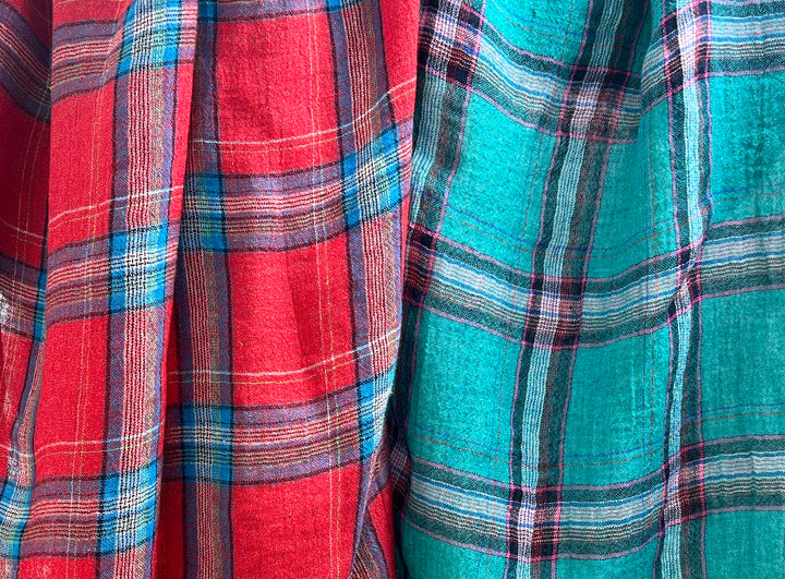 Classic Tartan Check Linen Blend Fabric – Red & Teal Options 7991 7992