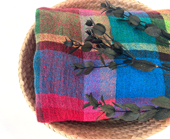 Vivid Multicolor Madras Plaid Linen Blend Fabric – Light Weight with Natural Wrinkle Effect  7587