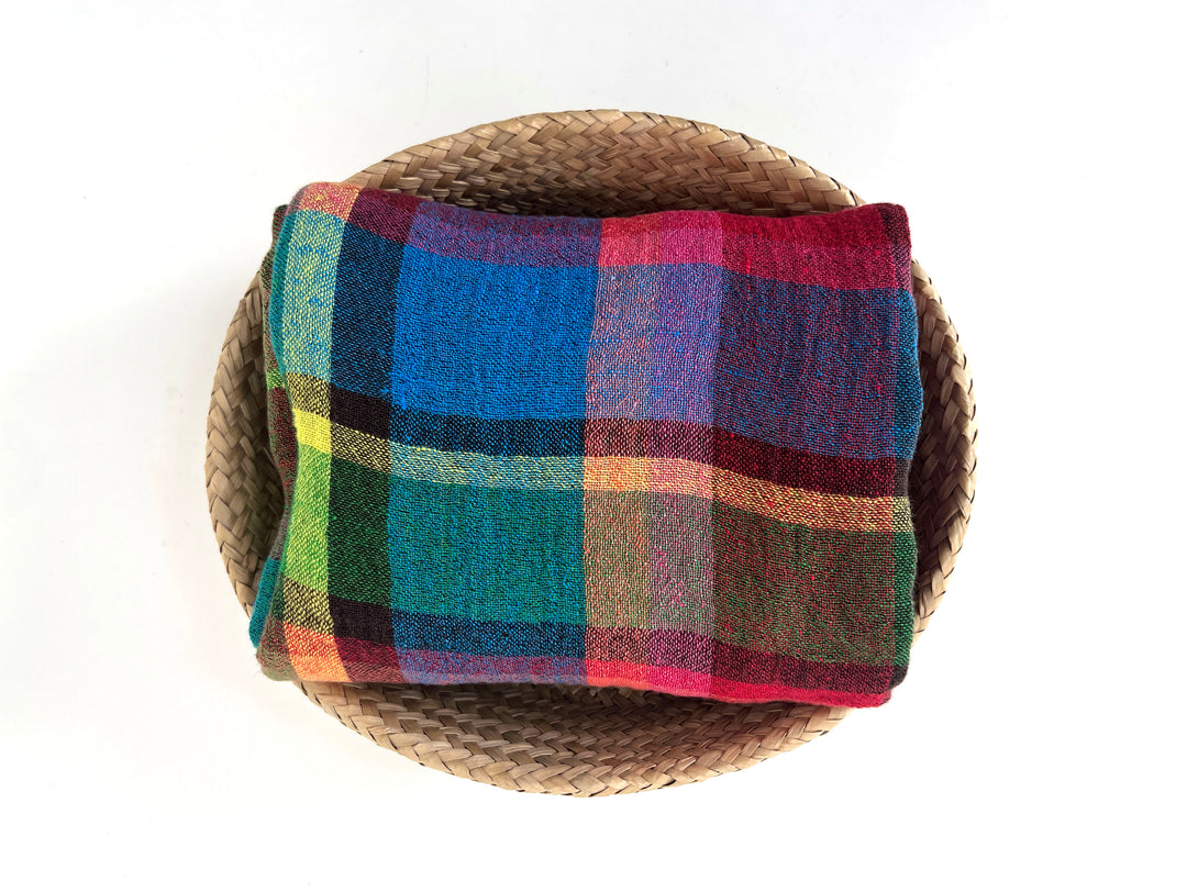 Vivid Multicolor Madras Plaid Linen Blend Fabric – Light Weight with Natural Wrinkle Effect  7587