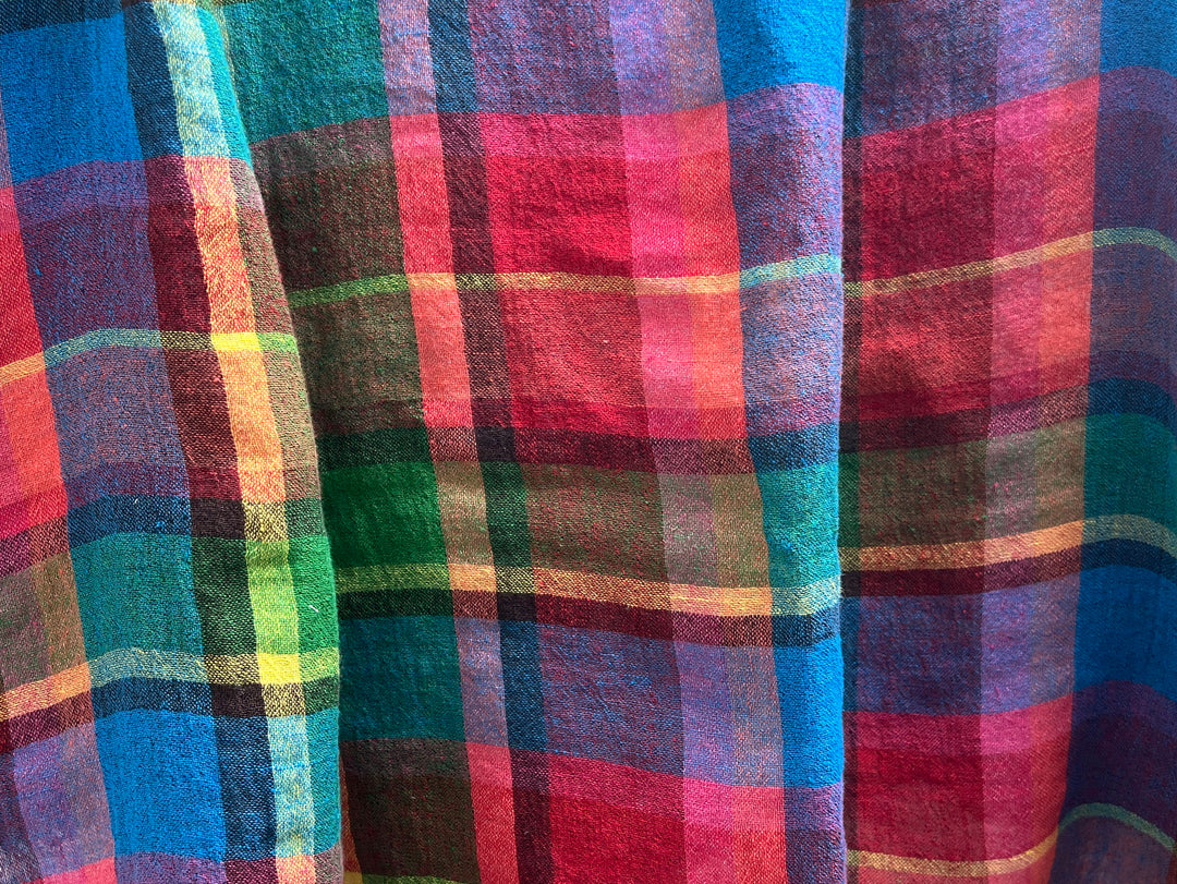 Vivid Multicolor Madras Plaid Linen Blend Fabric – Light Weight with Natural Wrinkle Effect  7587