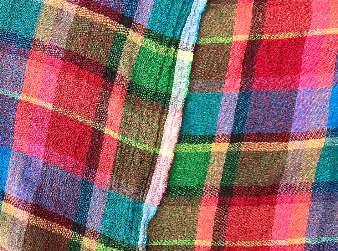 Vivid Multicolor Madras Plaid Linen Blend Fabric – Light Weight with Natural Wrinkle Effect  7587