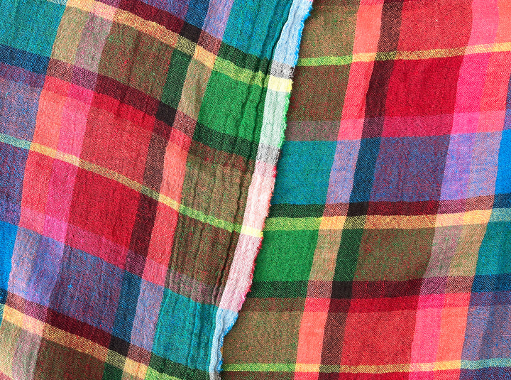 Vivid Multicolor Madras Plaid Linen Blend Fabric – Light Weight with Natural Wrinkle Effect  7587